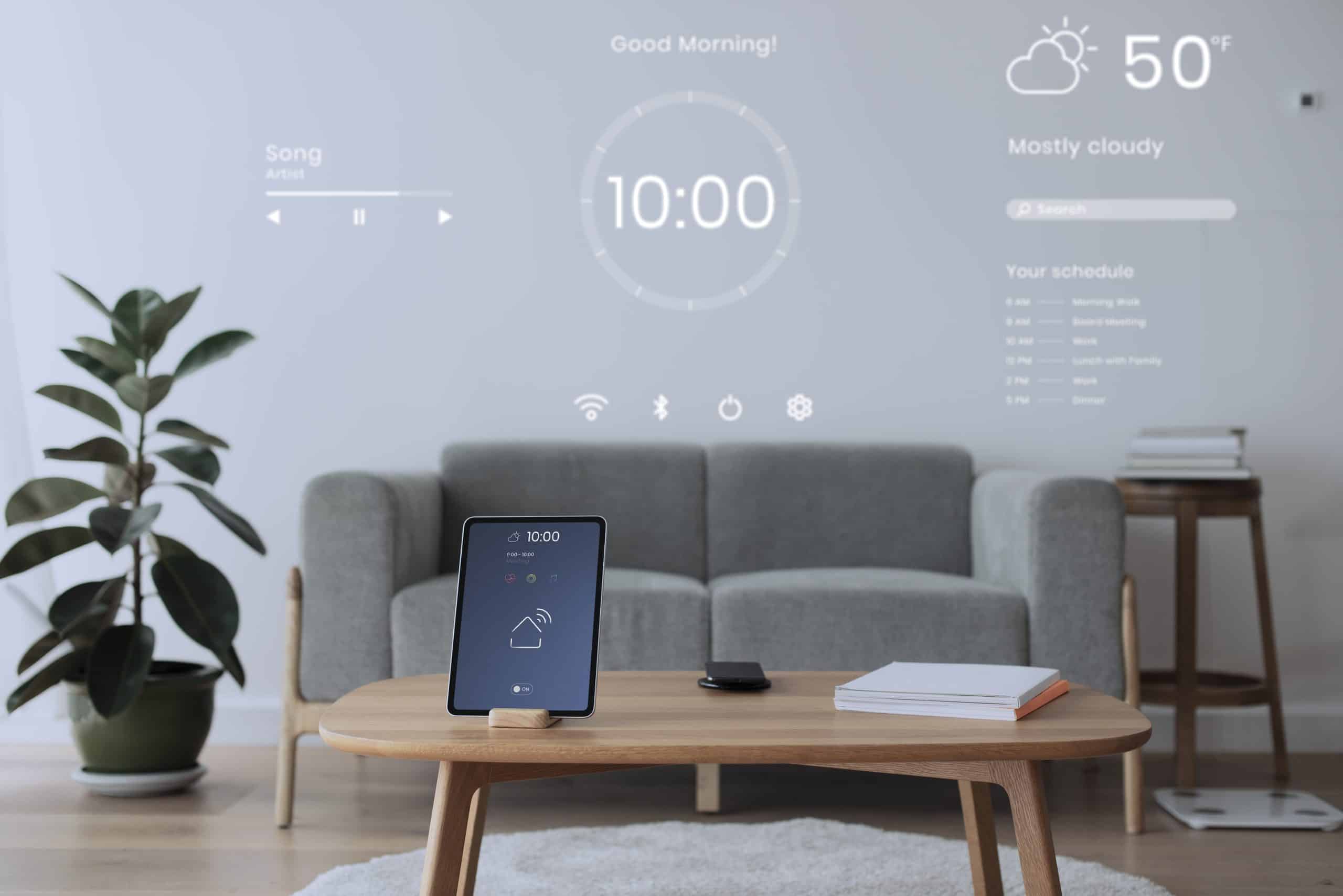 Digital tablet screen with smart home controller on a wooden tab
